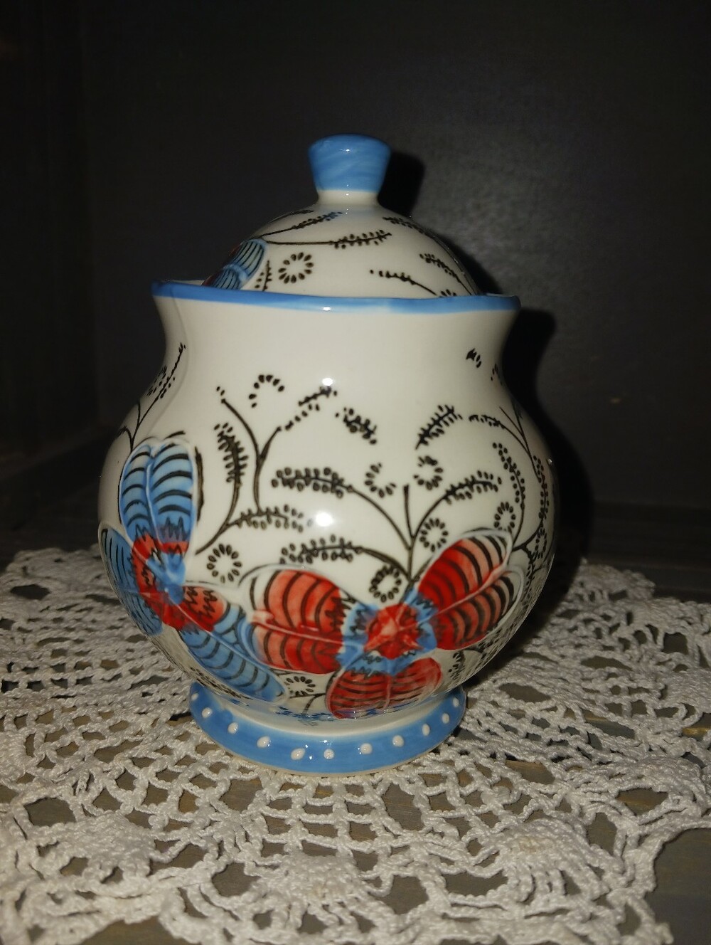 Hand-Painted Floral Ceramic Sugar Jar - Blue & Red
